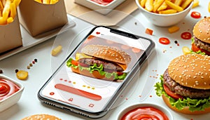 A cell phone is on a table with a variety of food, including hamburgers, fries by AI generated image