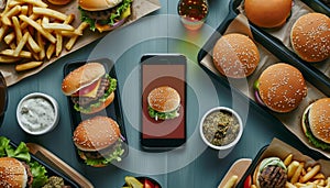 A cell phone is on a table with a variety of food, including hamburgers, fries by AI generated image