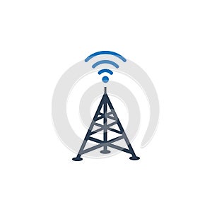 Cell Phone Tower Icon. Radio tower / mast with radio waves for broadcast transmission line art vector icon for apps and websites