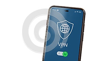 Cell phone with VPN turned on, isolated on white background. Smartphone with VPN enabled. Using VPN on mobile phone