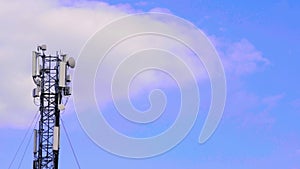 Cell site antenna on a blue sky and white clouds background. Place for text. Cell tower with mobile Telecommunications equipment