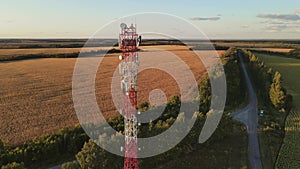 Cell site of telephone tower with 5G base station transceiver