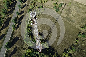 Cell site of telephone tower with 5G base station transceiver