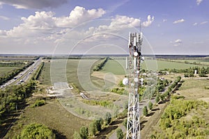 Cell site of telephone tower with 5G base station transceiver