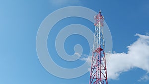 Cell site of telephone tower with 6g base station transceiver. Tower antenna telecommunication cell phone. Time lapse.