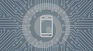 Cell Smart Phone Icon Over Computer Chip Moterboard Background Banner