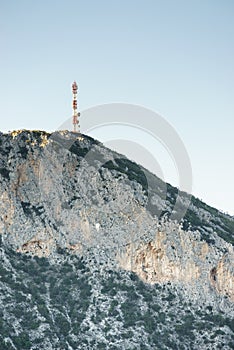 Cell tower, broadcasting mast on big mountain