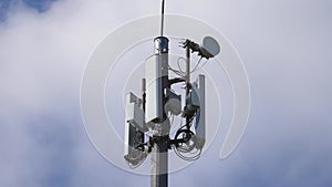 Cell Towers close up on sky background. Cellular GSM tower with 3g, 5g Transmitter, Antenna, Tower, Mobile Communication