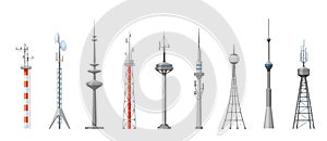 Cell towers and telecoms set. Metal construction with parabolic antennas radar spiers wireless global broadcasting and