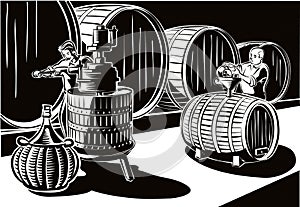 Cellar with big barrels of wine