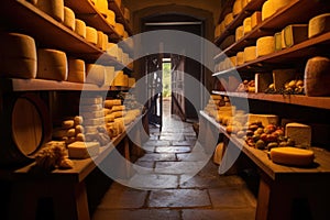 cellar door opening to reveal rows of aging cheeses