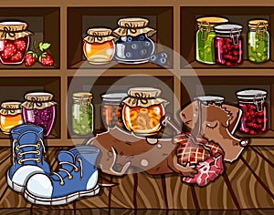 Cellar with jam, juice and a dog