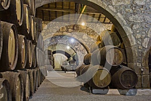 Cellar with wine barrels