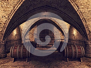 Cellar with wine barrels