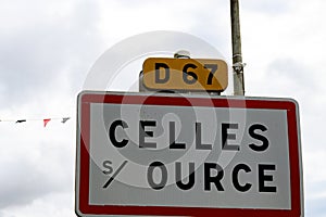 Celles sur Ource road sign, village of champagne sparkling wine in Cote des Bar, Champagne, France