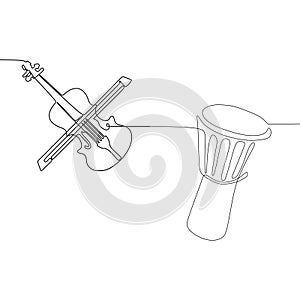 cello and african percussion single black line on a white background. One-line drawing. Continuous line. Vector photo