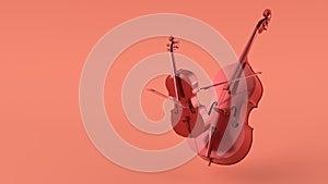 cello and double bass with red color isolated 3d rendering