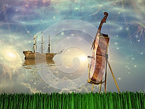 Cello in dream like landscape
