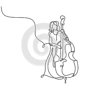 Cello music player continuous one line drawing minimalist, vector of a girl standing playing classical music instrument