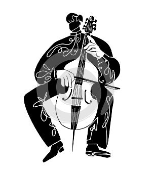Cello player. black silhouette on white background.Violin jazz design.festival print.Music player.Classical instrument. Vector fla