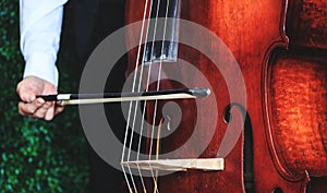 Cello player with focus on the hand, close up picture. Musician playing bass violoncello. Cellist hands playing orchestra music.