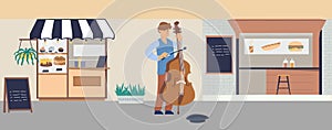 Cello player. Man playing violoncello on city street. Fastfood and pastry kiosks. Musician with musical instrument