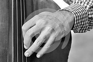 Cello playing cellist hand close up orchestra instruments Black and white image