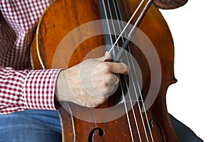Cello playing cellist hands close up orchestra instruments Isolated image on white background