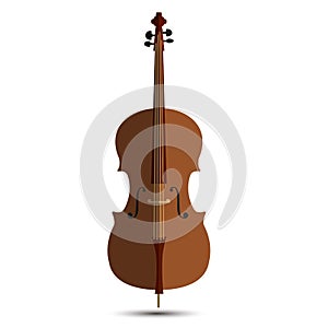 Cello wood orchestra strings music instrument in vertical pose, vector illustration isolated on white background.