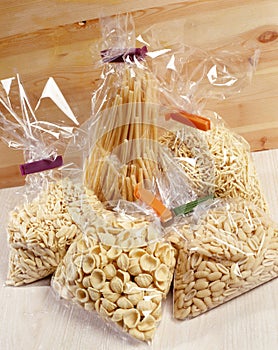 Cellophane bags containing different pastas