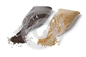 Cellophane bags with yellow and brown mustard seed