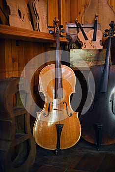 Cellos standing in luthier workshop