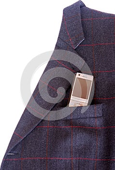 Mobile phone in business jacket on white