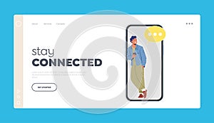 Cellphone Communication Landing Page Template. Smiling Male Character Speak by Cellphone. Teenager with Gadget