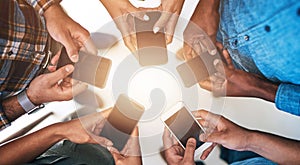 Cellphone, hands and group of friends in circle networking online for email, social media or internet. Technology