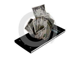 Cellphone and money on white, money concept, expensive bill