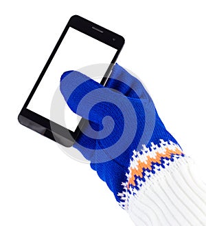 Cellphone with white-blue mittens isolated on white background