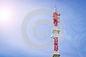 Cellular antenna and telecommunications against the blue sky. Copy space