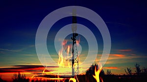 Cellular communication tower for the 5G transmission of mobile phones and video data on fire. Danger of radiowaves.