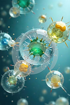 Cellular interaction with nanodevices A sterile, microscopic view of various abstract nanodevices gently interacting with the