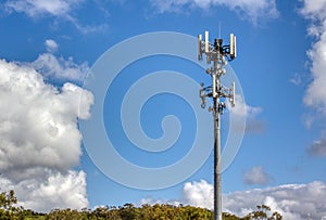 Cellular, mobile phone transmitter tower with blue sky and clouds right