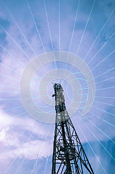 Cellular network. Radio telecommunication tower antenna. Mobile cell phone communication technology. 5G base transceiver