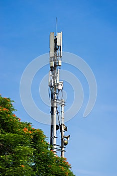 Cellular phone antena with blue sky and green tree background