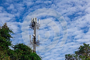 Cellular phone antenna in a national park with sky background. Antennas for receiving and transmitting wireless signals