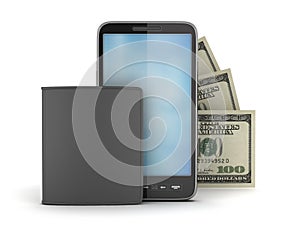 Cellular phone, bank notes and leather wallet