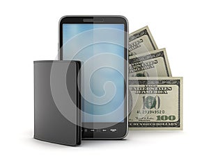 Cellular phone, bank notes and leather wallet