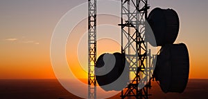 Cellular Radio Wave Communication Towers Evening Sunset Horizon