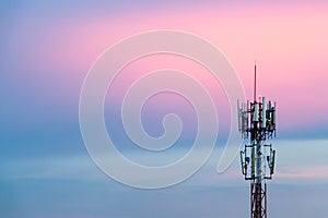 Cellular Signal Tower The background is sky in the evening, blue and pink.