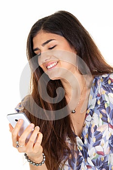 Cellular technology in phone mobile apps smiling beautiful woman using smartphone texting reading standing on white background