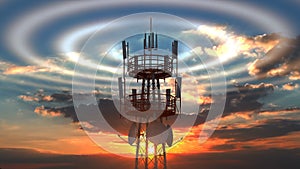 Cellular telecommunications tower with radio waves visible against sunset sky